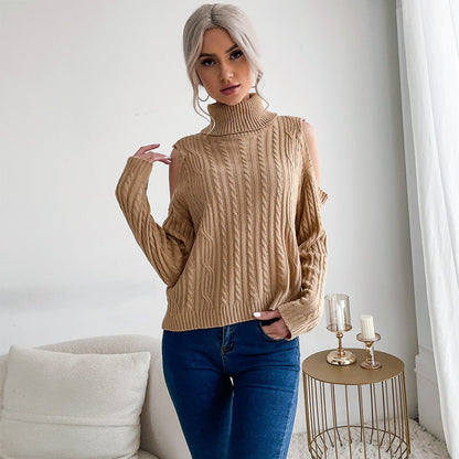 Damen Off-Shoulder Strickpullover Hoher Kragen Eveloria