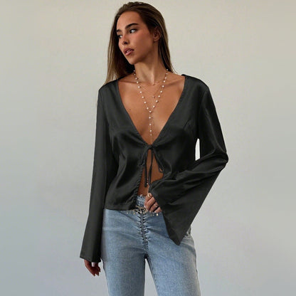 Damen Bluse V-Ausschnitt Lässiger Knoten Detail Eveloria - Eveloria