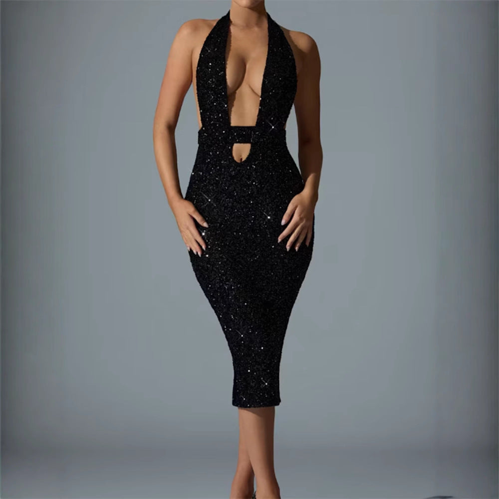 Damen Pailletten-Midi-Kleid V-Ausschnitt Figurbetonter Silhouette