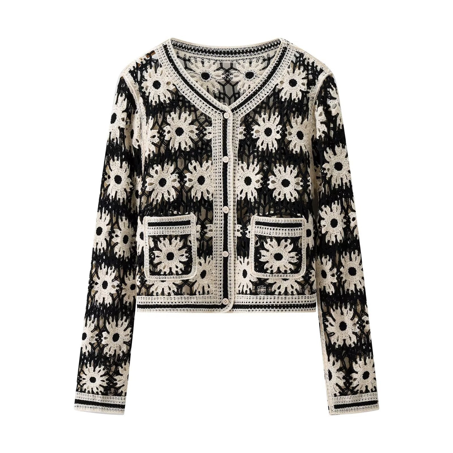 Damen Strickjacke Floralmuster Baumwolle Beige - Eveloria