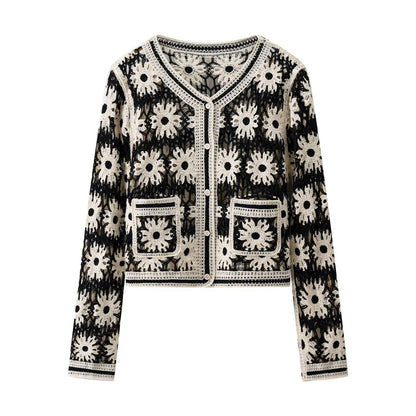 Damen Strickjacke Floralmuster Baumwolle Beige - Eveloria