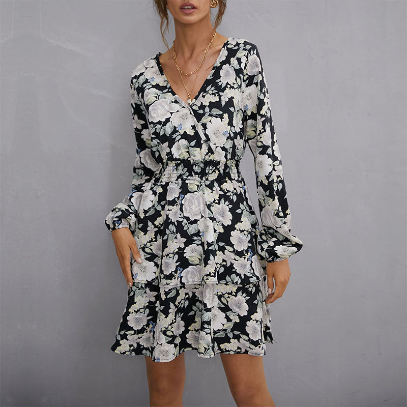 Damen Wickelkleid Floralmuster Elastisch Schwarz Eveloria - Eveloria