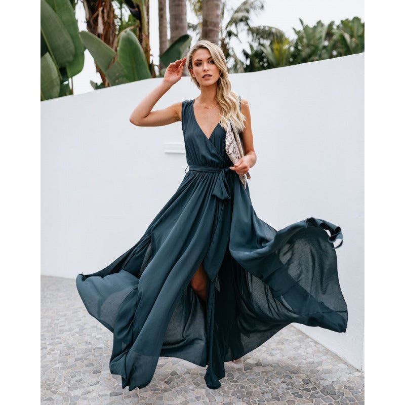 Damen Maxikleid V-Ausschnitt Faltenlegung Eveloria