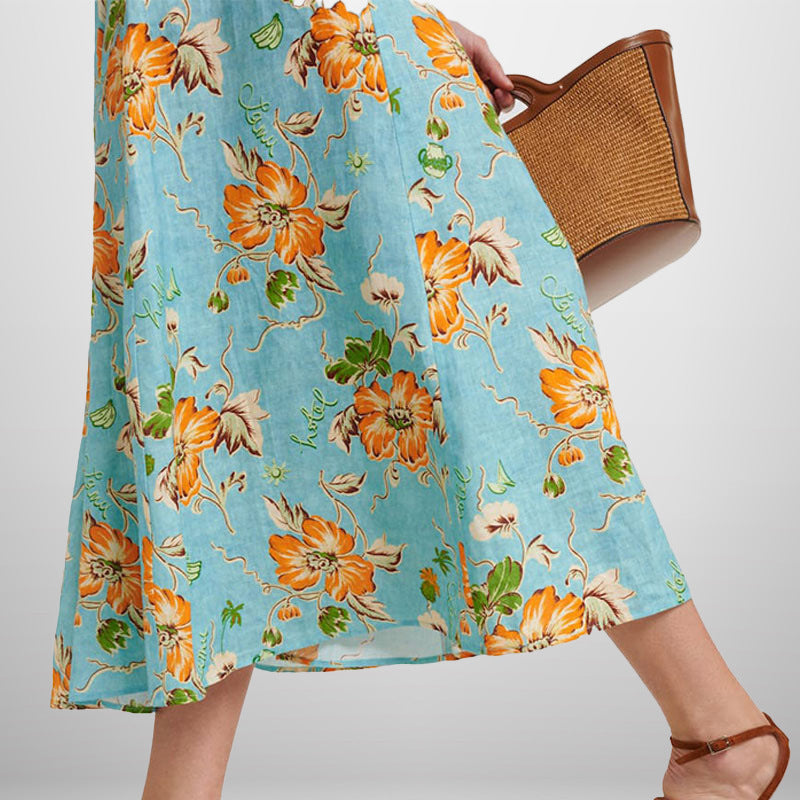 Damen Midikleid Voluminöse Puffärmel Florales Muster Eveloria