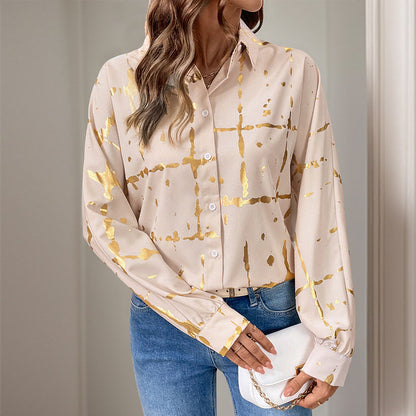 Damen Bluse mit Goldmuster und langen Ärmeln