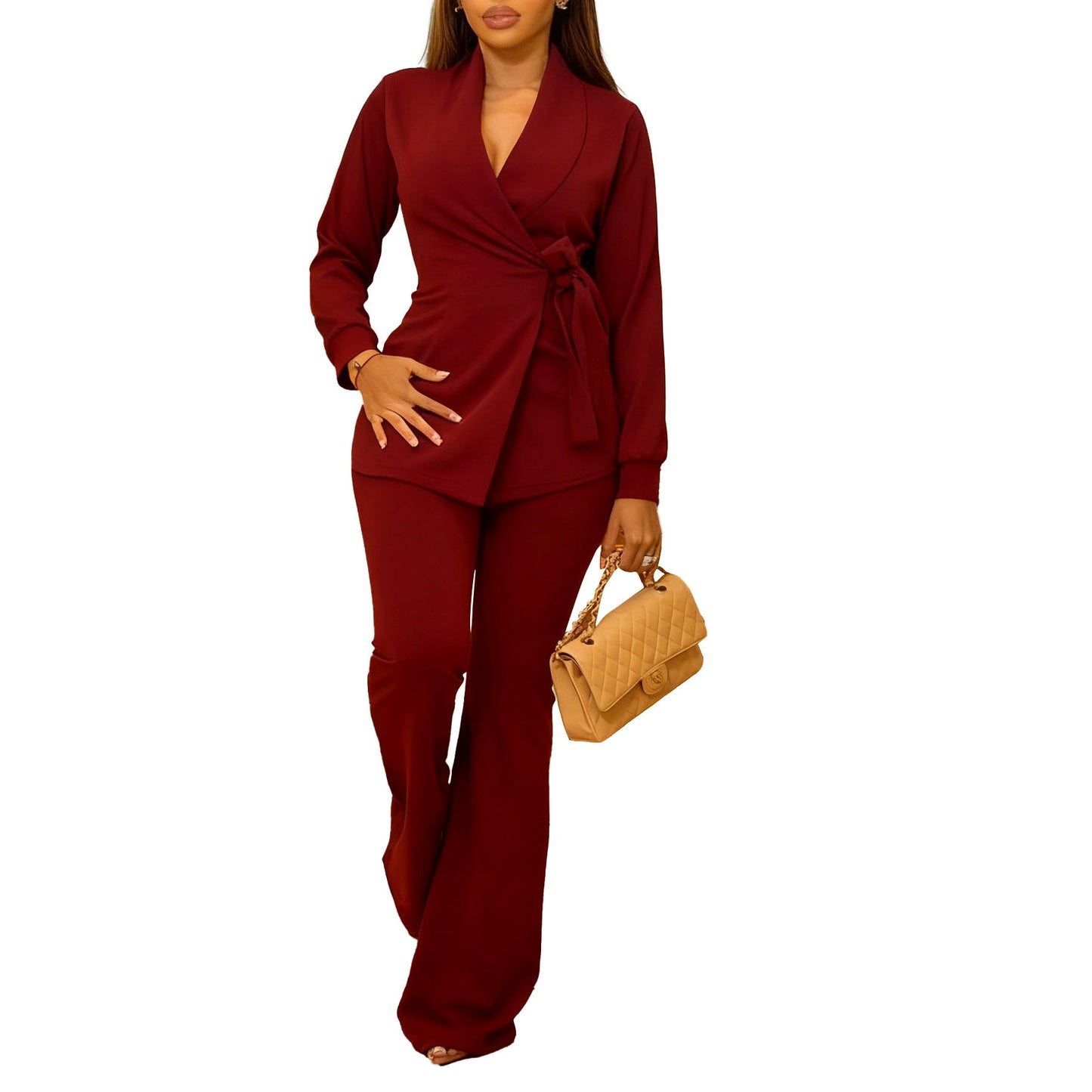 Damen Blazer-Set Weites Bein Modischer Gürtel Eveloria