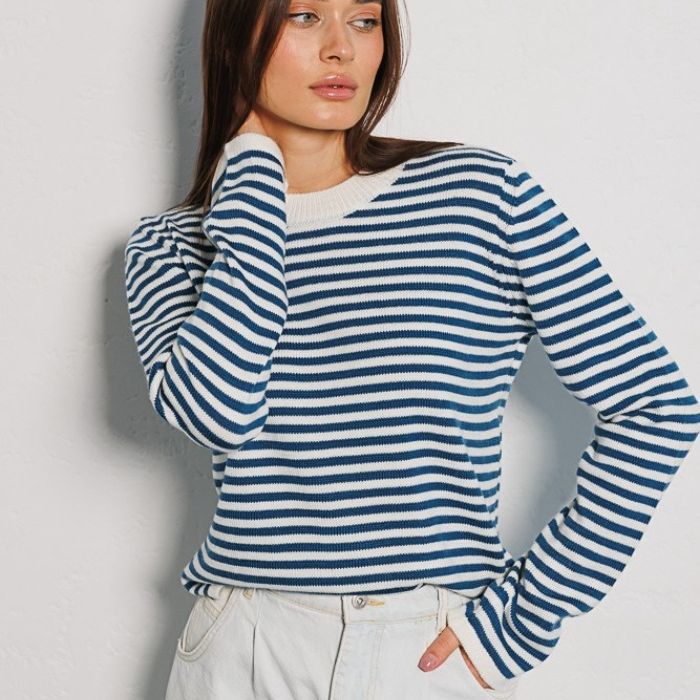 Damen Langarmpullover Weiches Streifenmuster Baumwollmix weiß