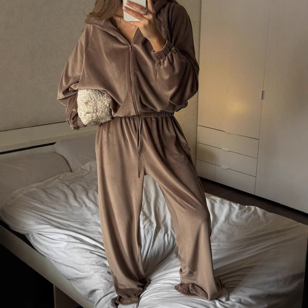 Damen Velours-Set Hochkragen Weitschnitt Eveloria