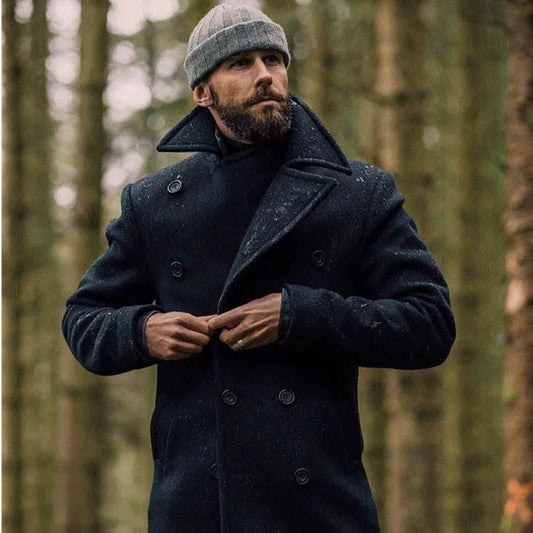 Herren Mantel Wollmix Slim Fit Doppelreiher Mittellang Schwarz - Eveloria