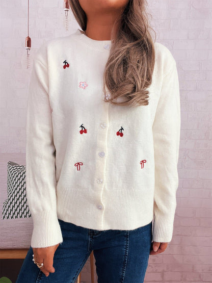 Damen Strickjacke Bunt Stickdesign Knopfverschluss