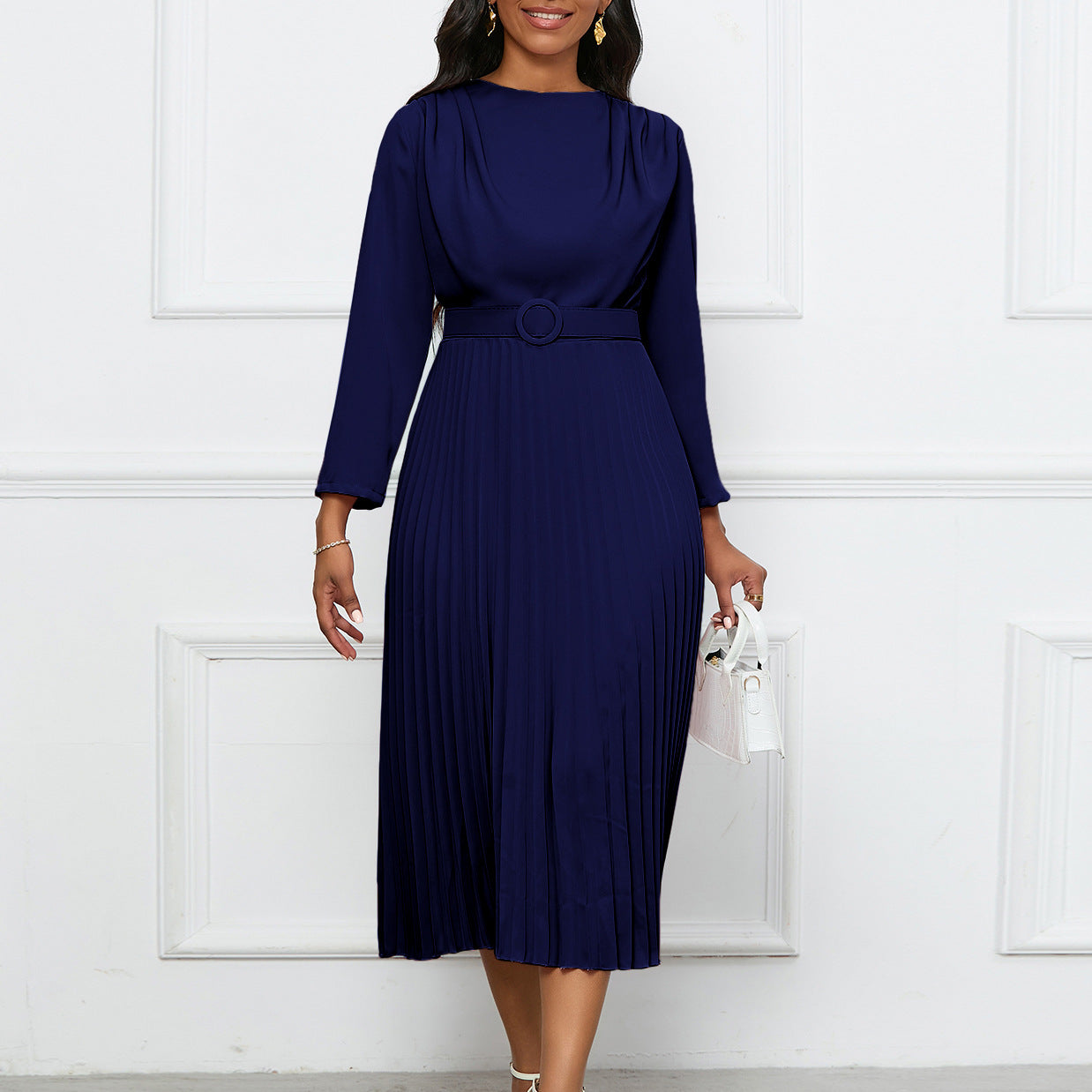 Damen Plisseekleid mit Gürtel und Falten Elegantes Damenkleid