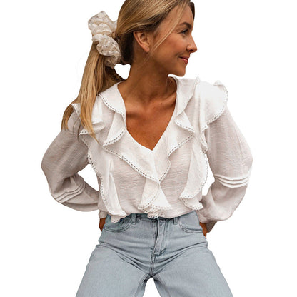 Damen Bluse Rüschendetails V-Ausschnitt Elegantes Design