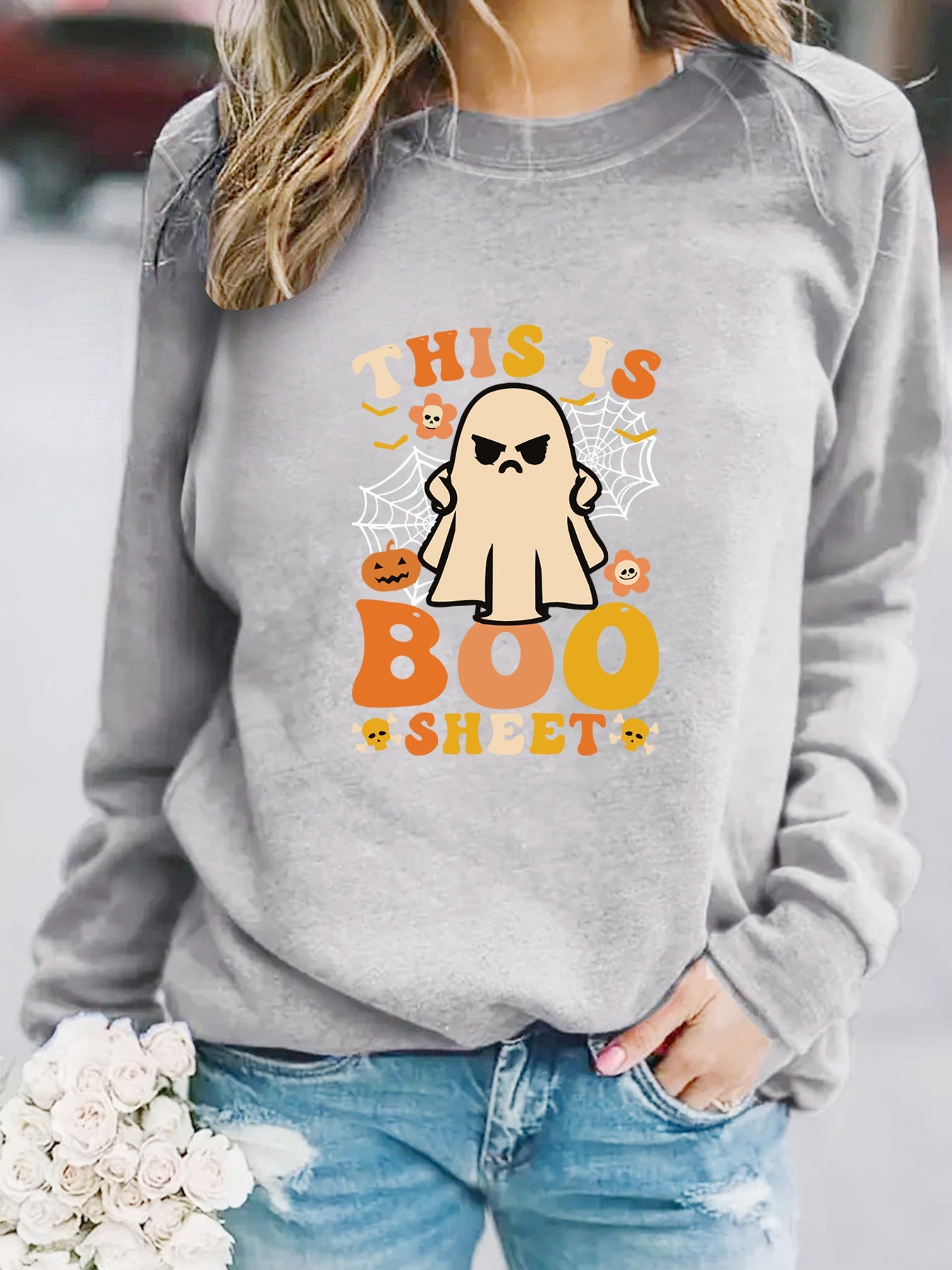 Damen Sweatshirt Herbst-Print Lässiger Schnitt Beige