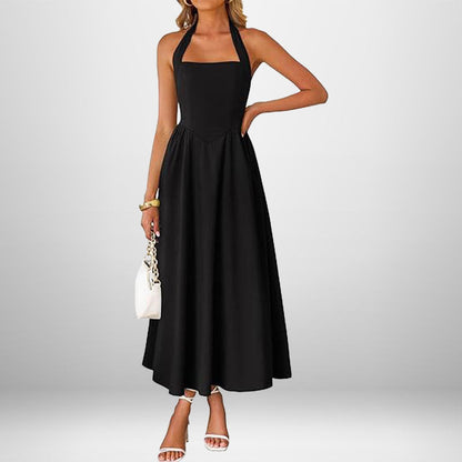 Damen Maxikleid Schulterfrei Halterneck Fließend