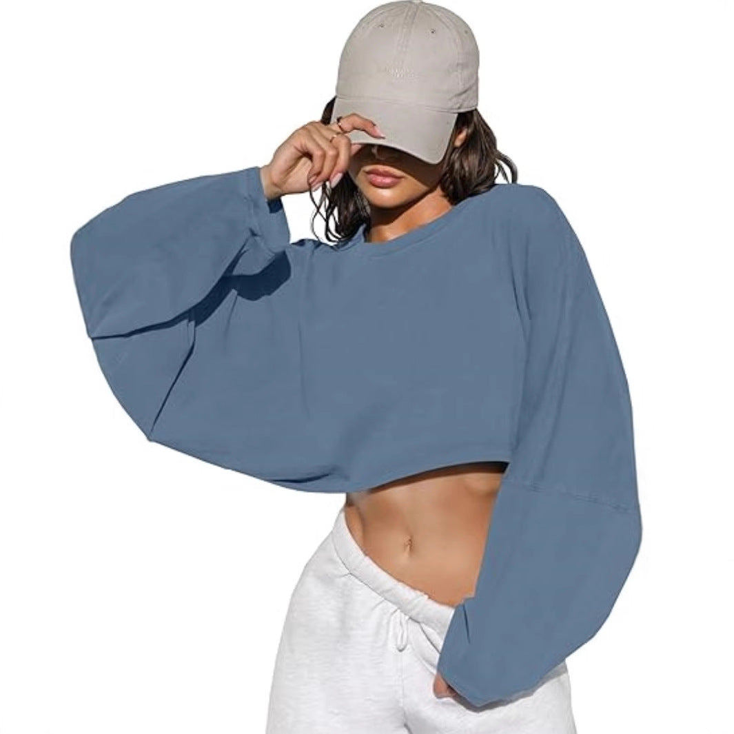 Damen Cropped Sweatshirt Voluminöse Ärmel Lässiger Schnitt Grau