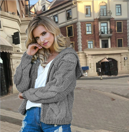 Damen Grobstrickjacke Kapuze Asymmetrisch Eveloria
