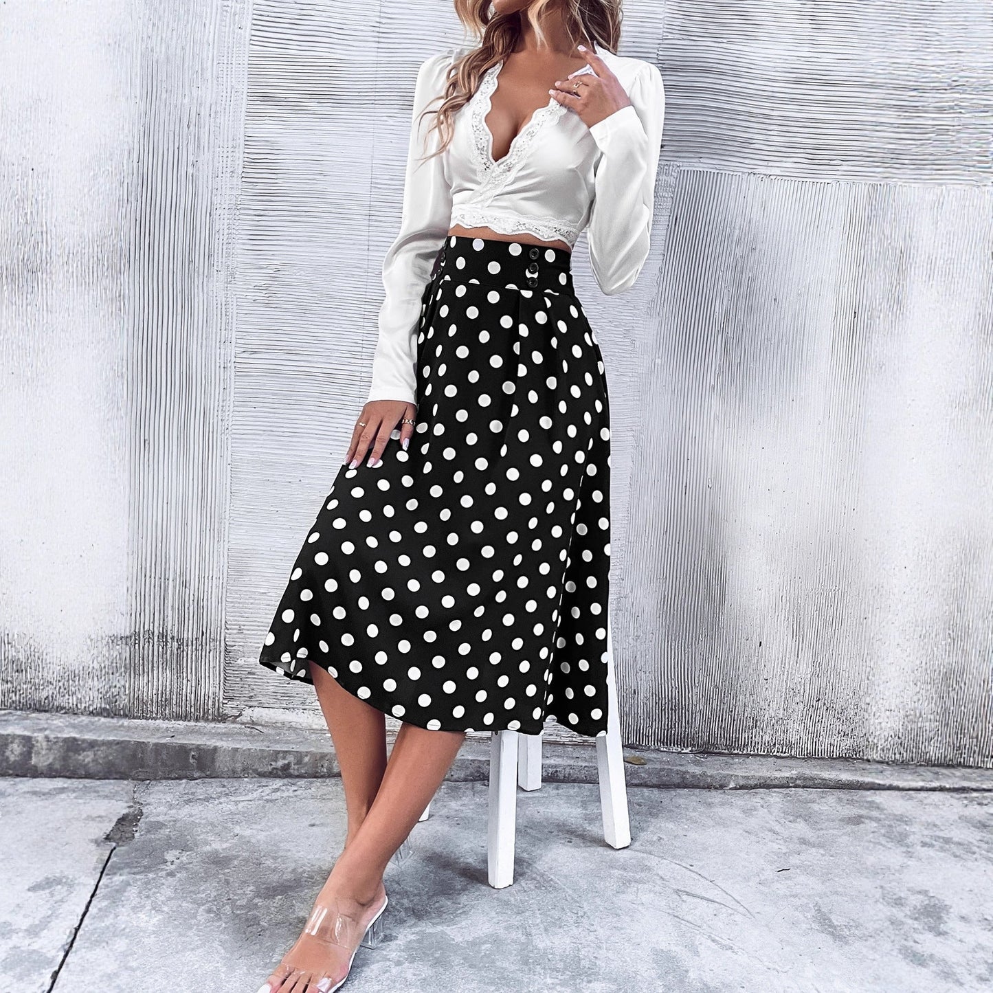 Damen Midirock Hohem Bund Punkte-Design Eveloria