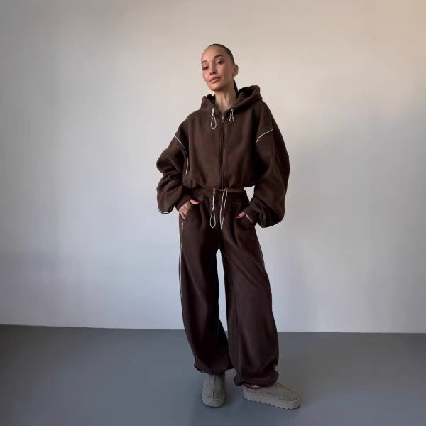 Damen Kapuzen-Sweatanzug Weite Hosen Seitlicher Streifen Schwarz - Eveloria