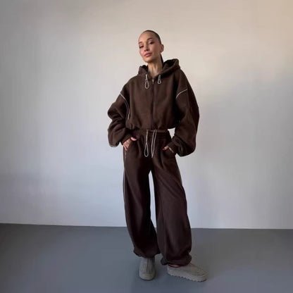 Damen Kapuzen-Sweatanzug Weite Hosen Seitlicher Streifen Schwarz - Eveloria