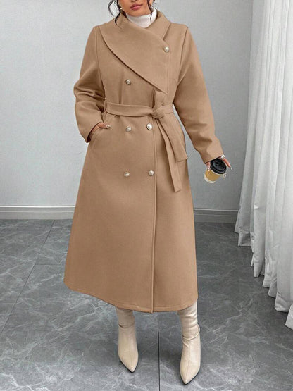 Damen Wollmantel Elegant Doppelter Knopfleiste Gürtel Eveloria