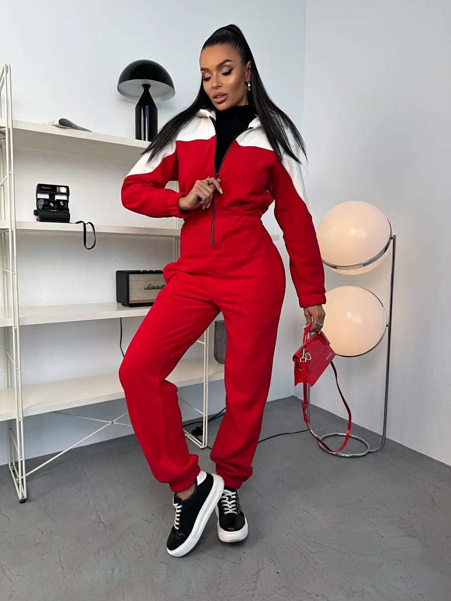 Damen Fleece-Overall mit Kapuze und Reißverschluss