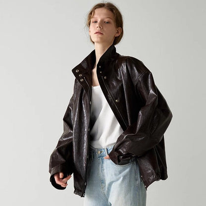 Damen Lederjacke Oversized mit Kragen und Knopfverschluss