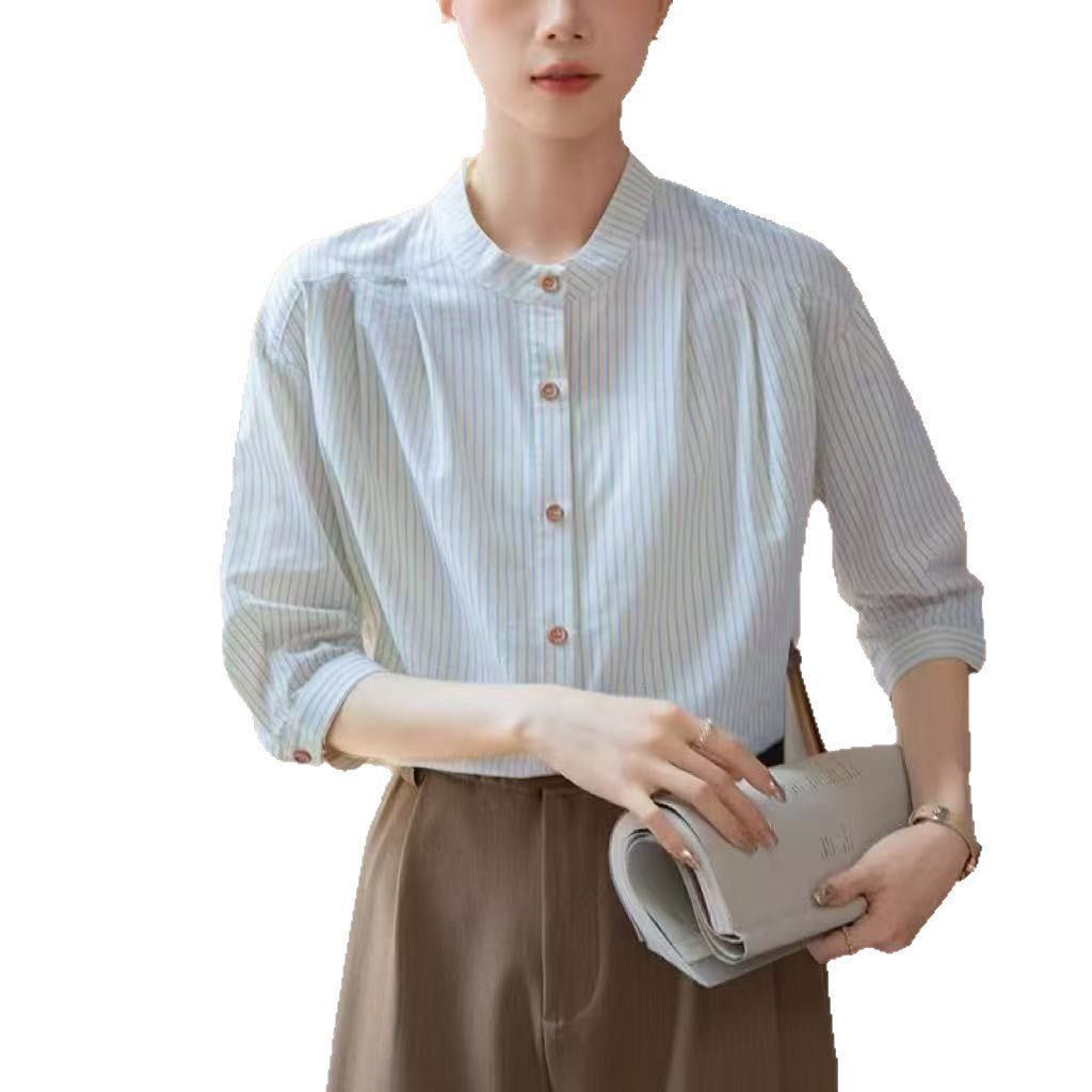 Damen Bluse Gestreift Stehkragen Elegante Weiß