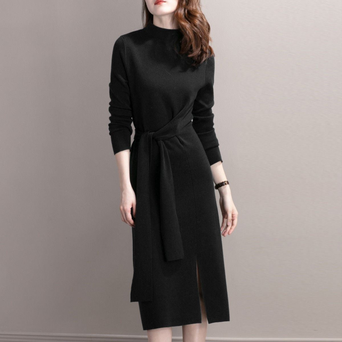 Damen Wickelkleid Rippdetails Seitenschlitz Eveloria