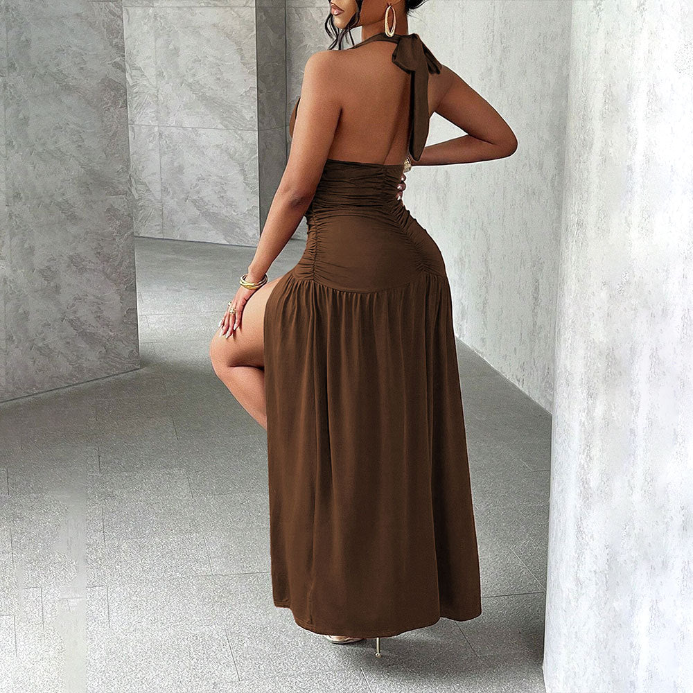 Damen Maxikleid V-Ausschnitt Seitenschlitz Eveloria