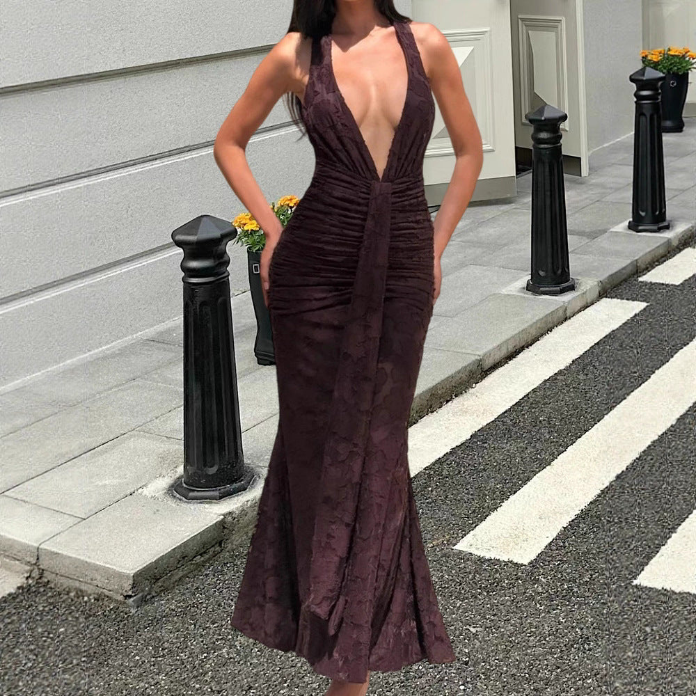 Damen Maxikleid V-Ausschnitt Gerafft Eveloria