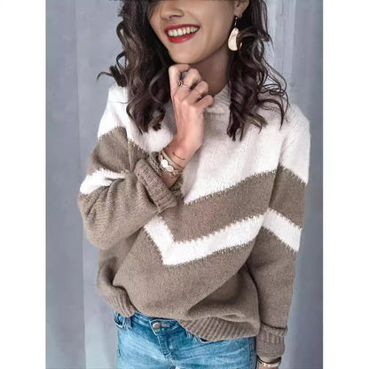 Damen Strickpullover V-Ausschnitt Kontrast Chevrondesign - Eveloria