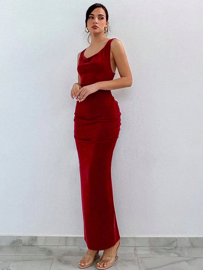 Damen Maxikleid Wasserfallausschnitt Rüschendetails Eveloria