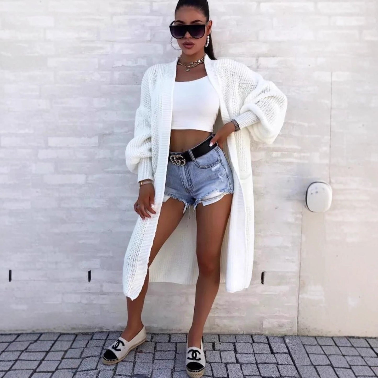 Damen Strickmantel Lang Weite Ärmel Taschen Beige