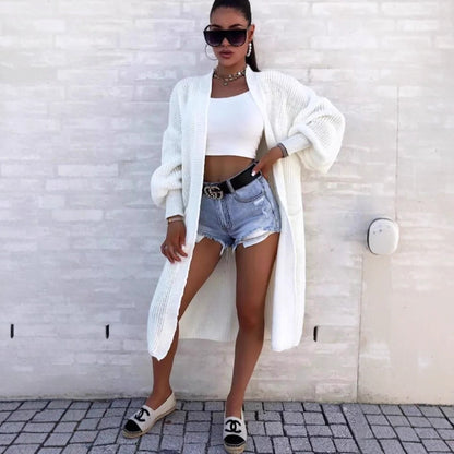 Damen Strickmantel Lang Weite Ärmel Taschen Beige