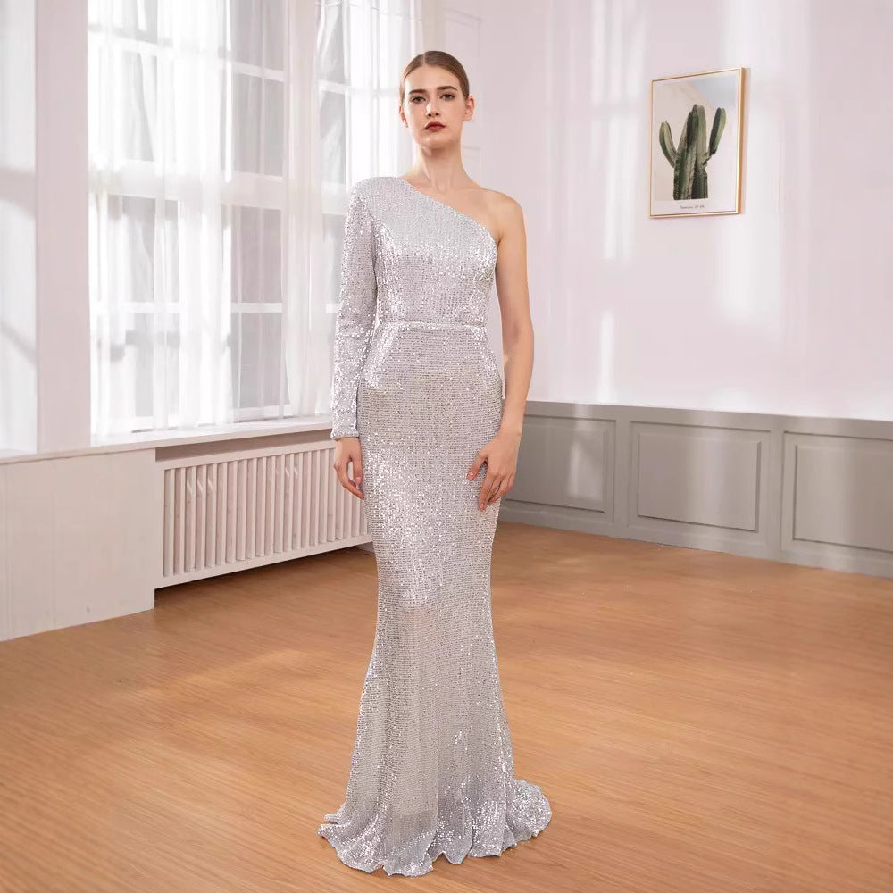 Damen Abendkleid Asymmetrischer Schnitt Glitzernd Eveloria