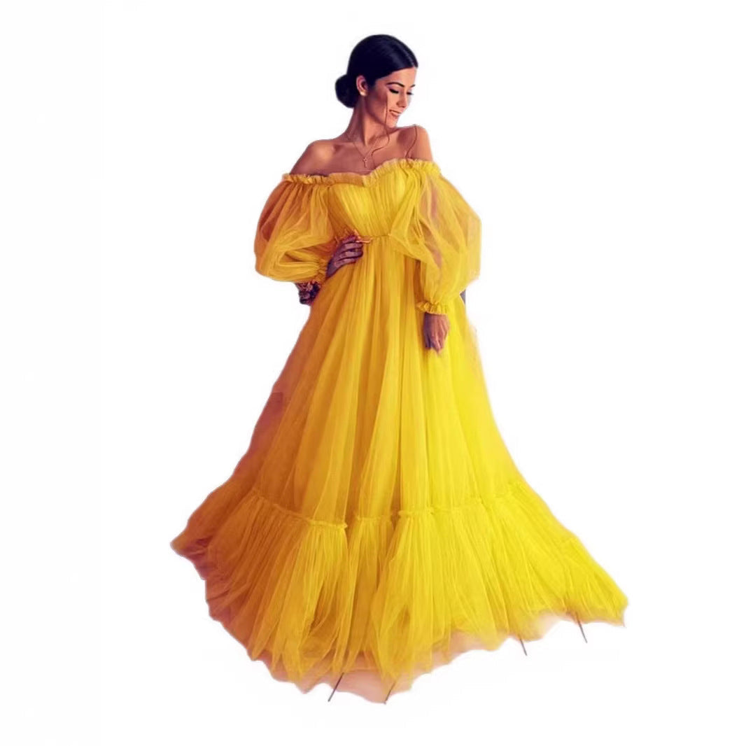 Damen Abendkleid Tüll Schulterfrei Voluminöse Ärmel Eveloria
