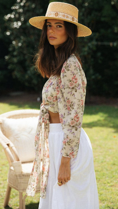 Damen Crop- Floralmuster Bindegürtel