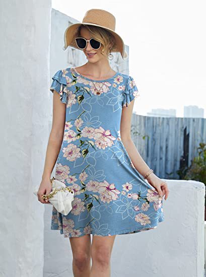 Damen Blumenkleid Sommer Rüschendetails schwingender Rock Eveloria