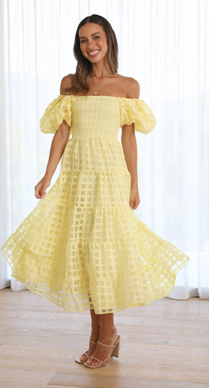 Damen Maxikleid Luftige Puffärmel Gerafftes Oberteil