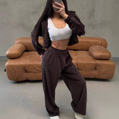 Damen Velours Jogginganzug Kurzärmelig Weite Beine Schwarz - Eveloria