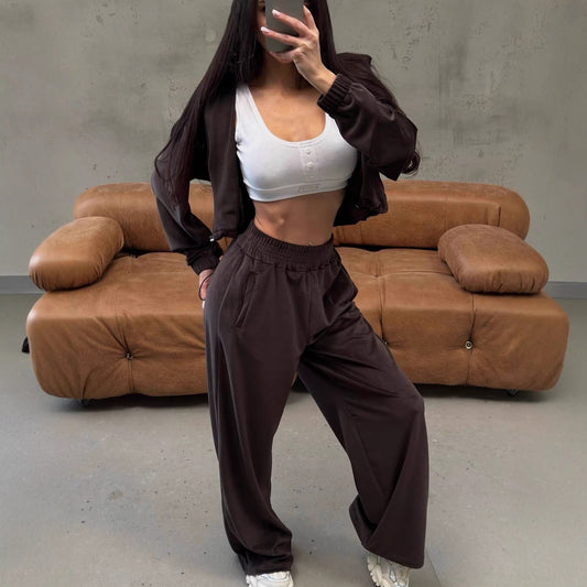 Damen Velours Jogginganzug Kurzärmelig Weite Beine Schwarz - Eveloria