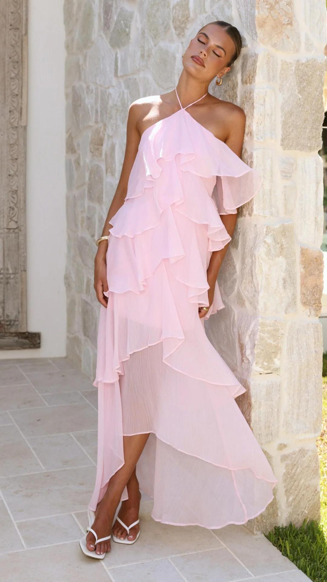 Damen Maxikleid mit Überwurf und Rüschen Floral Elegant