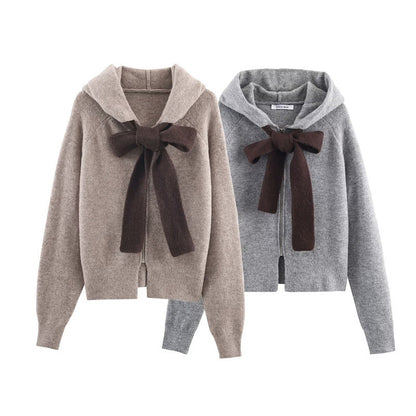 Damen Strickpullover mit Kapuze und Bindeband