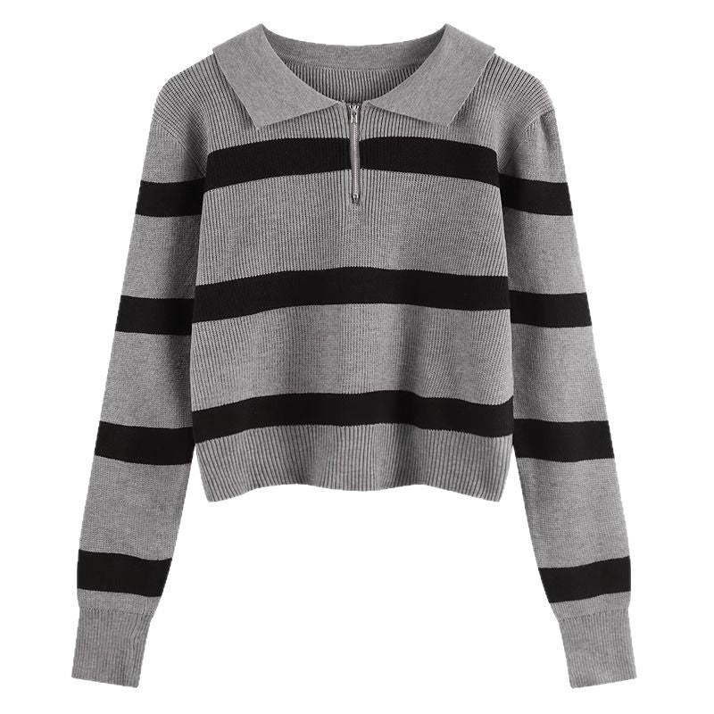Damen Strickpullover Streifenmuster Reißverschluss
