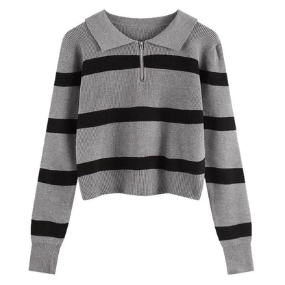 Damen Strickpullover Streifenmuster Reißverschluss