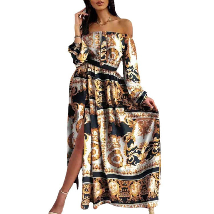 Damen Maxikleid Offene Schulter Barockmuster Eveloria