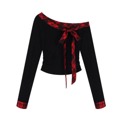 Damen Off-Shoulder mit Schleife Karierter Stoff