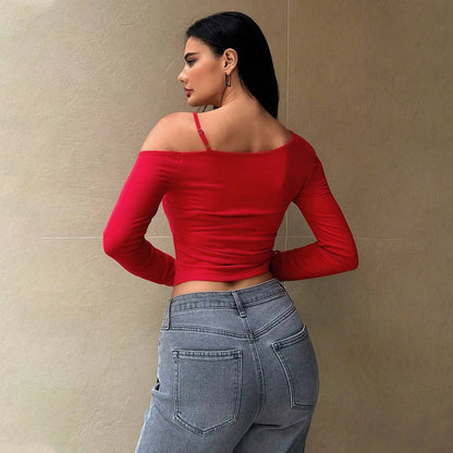 Damen Langarm Crop Asymmetrisch Raffung