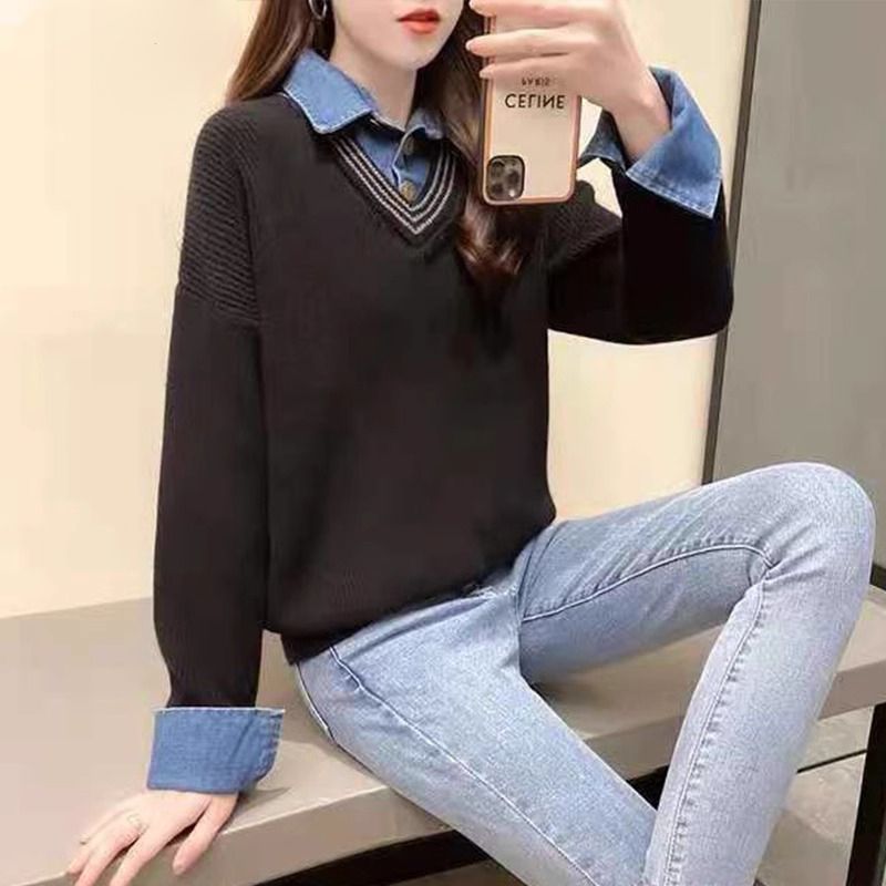 Damen Strickpullover Hemdkragen Lässig Eveloria