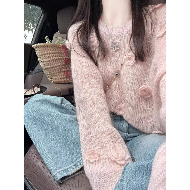Damen Pullover Blumenapplikationen Eveloria